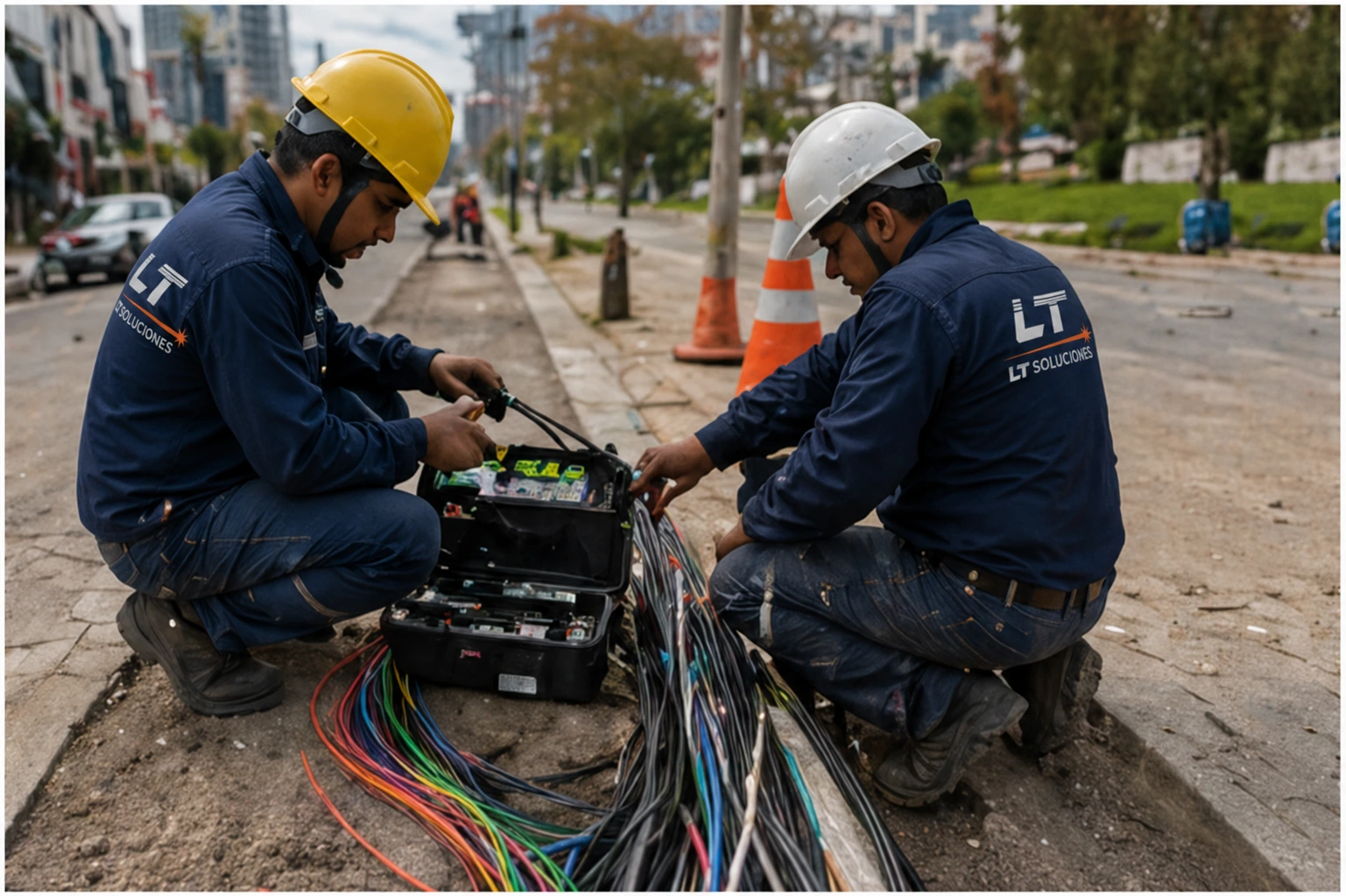 Técnicos con casco y elementos de protección trabajando en fibra óptica