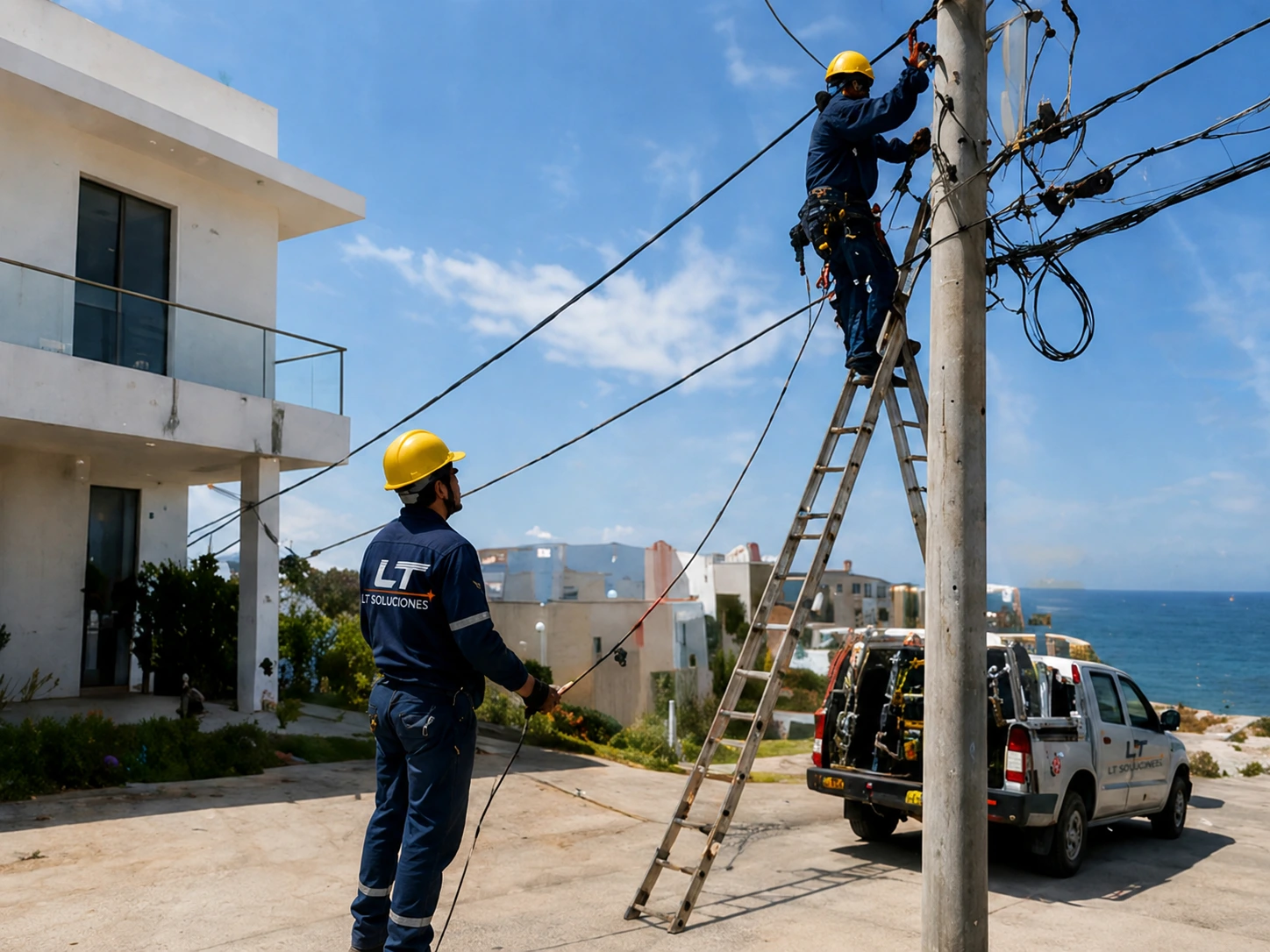 Cuadrilla LT Soluciones trabajando en poste con flota de apoyo
